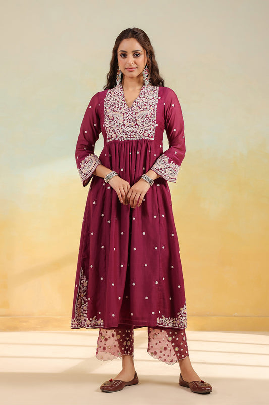Wine Dori Paisley Frock Style Kurta Set