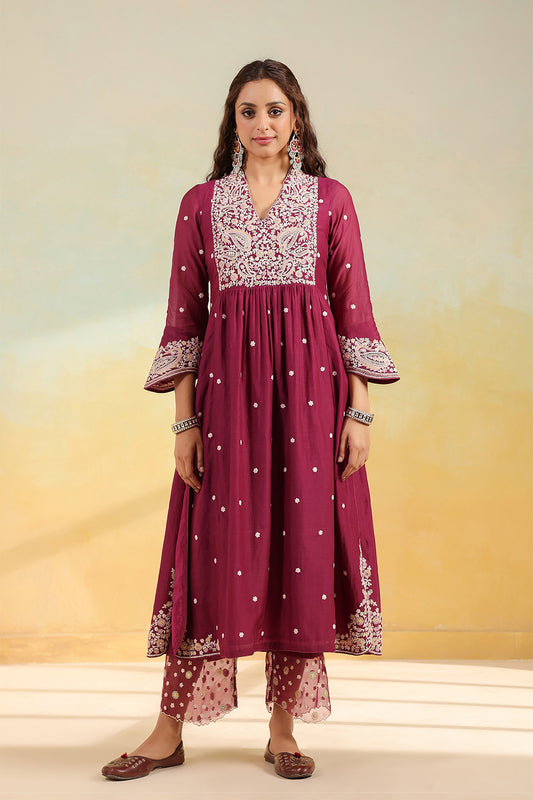 Wine Dori Paisley Frock Style Kurta Set