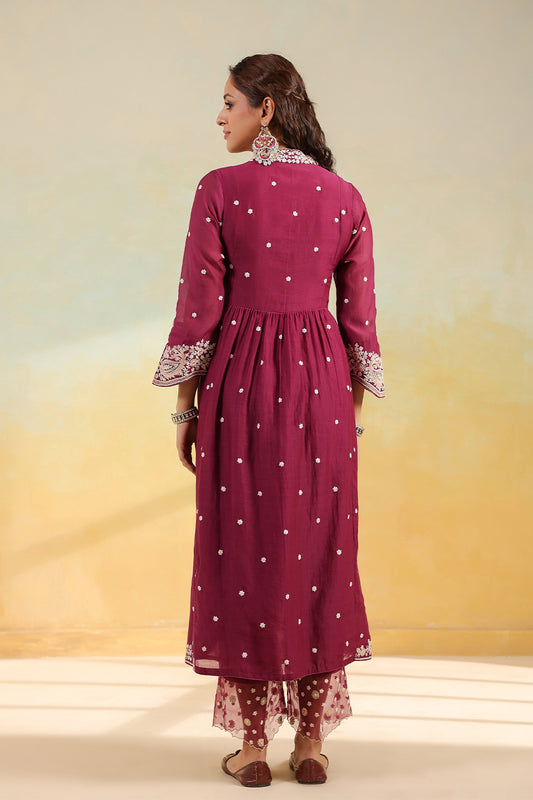 Wine Dori Paisley Frock Style Kurta Set