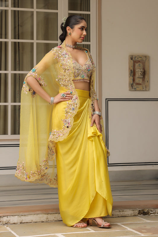 Gulzar Yellow Cape Drape Skirt Set