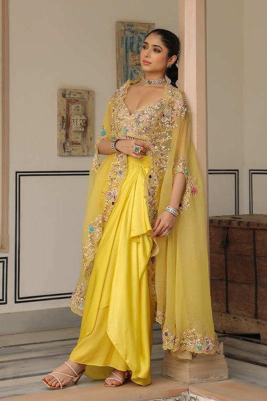 Gulzar Yellow Cape Drape Skirt Set
