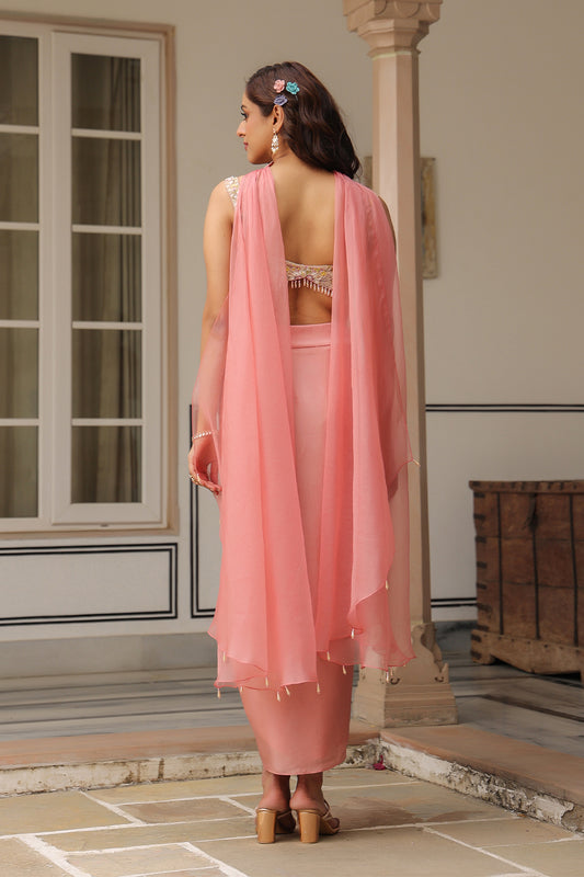 Gulzar Pink Choker Neck Drape Skirt Set