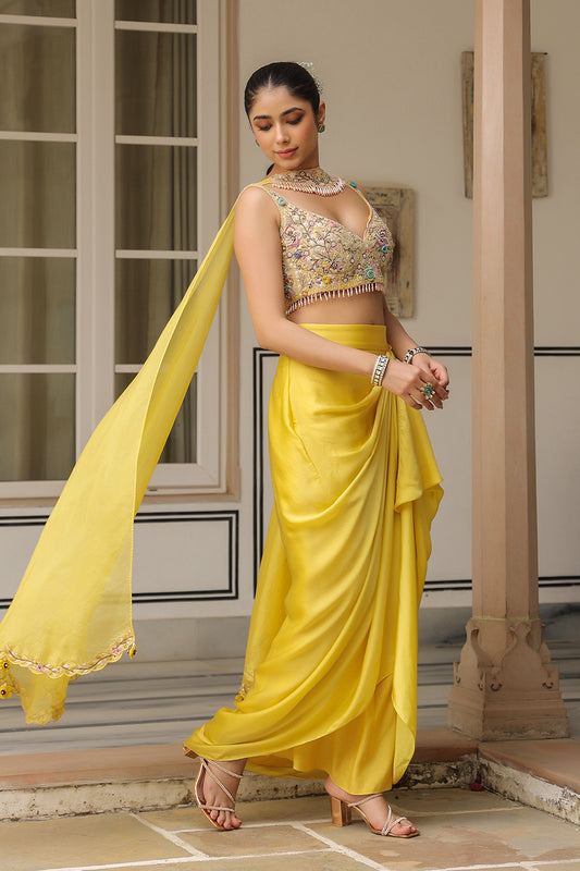 Gulzar Yellow Heavy Choker Neck Drape Skirt Set