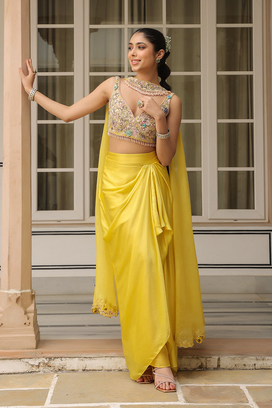 Gulzar Yellow Heavy Choker Neck Drape Skirt Set
