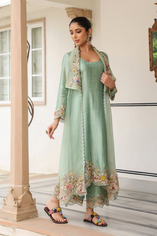 Gulzar Green Heavy Jacket Style Kurta Set