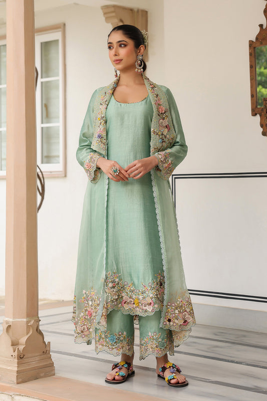 Gulzar Green Heavy Jacket Style Kurta Set