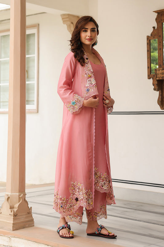 Gulzar Pink Heavy Jacket Style Kurta Set