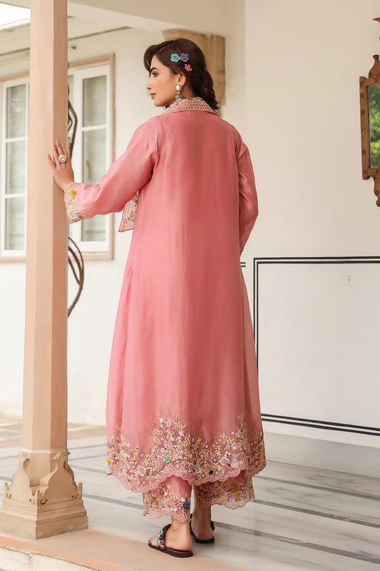 Gulzar Pink Heavy Jacket Style Kurta Set