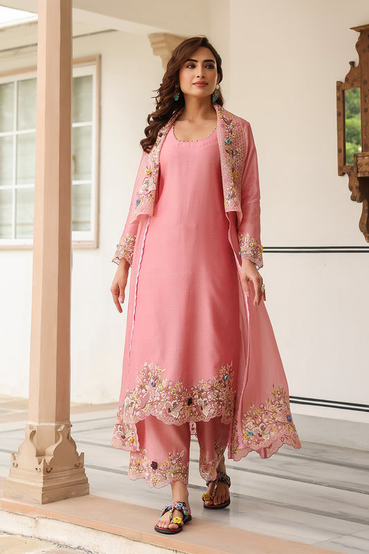Gulzar Pink Heavy Jacket Style Kurta Set