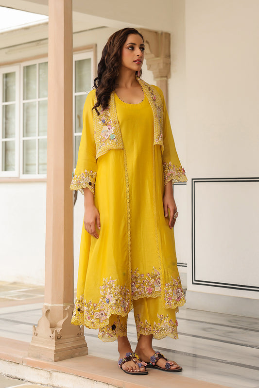 Gulzar Yellow Heavy Jacket Style Kurta Set
