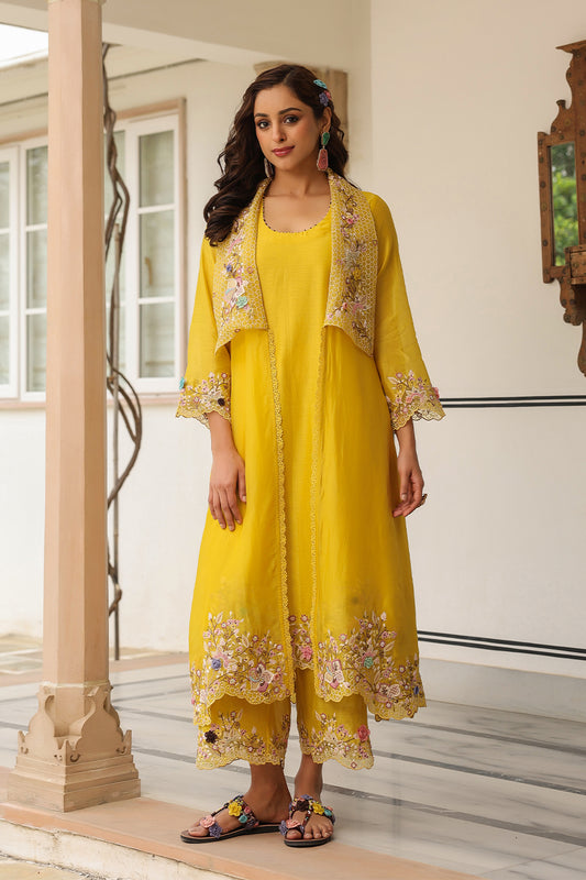 Gulzar Yellow Heavy Jacket Style Kurta Set