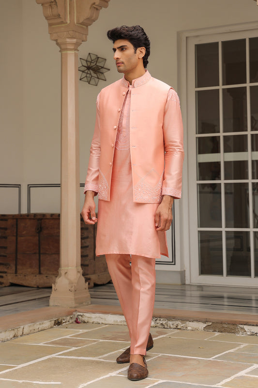 Gulzar Pink Floral Threadwork Bandi Kurta Set