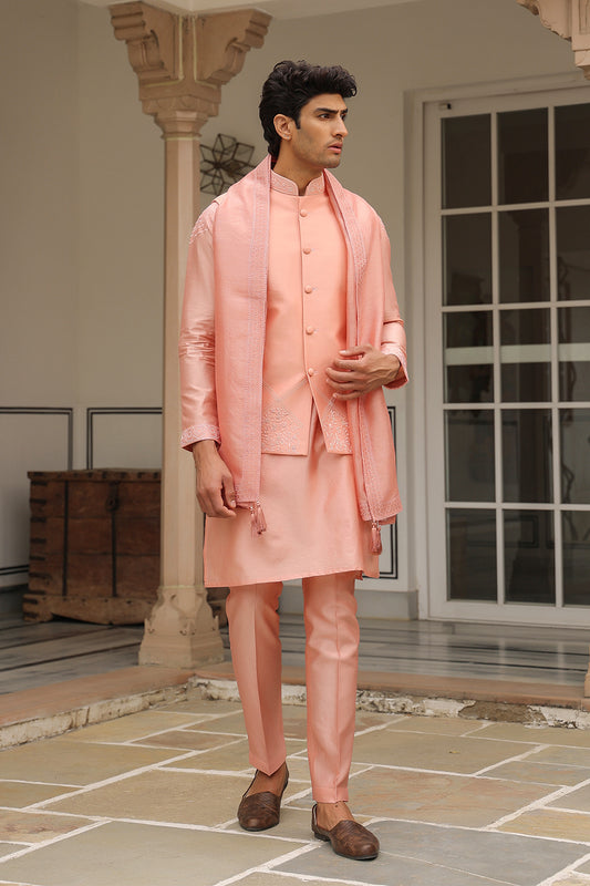 Gulzar Pink Floral Threadwork Bandi Kurta Set