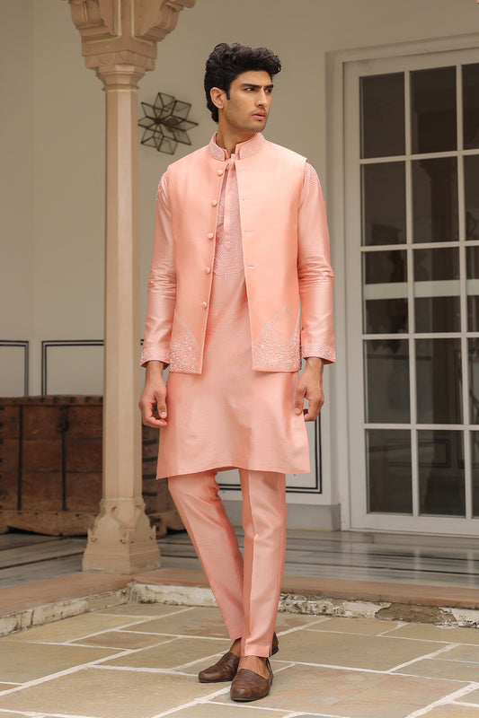 Gulzar Pink Floral Threadwork Bandi Kurta Set