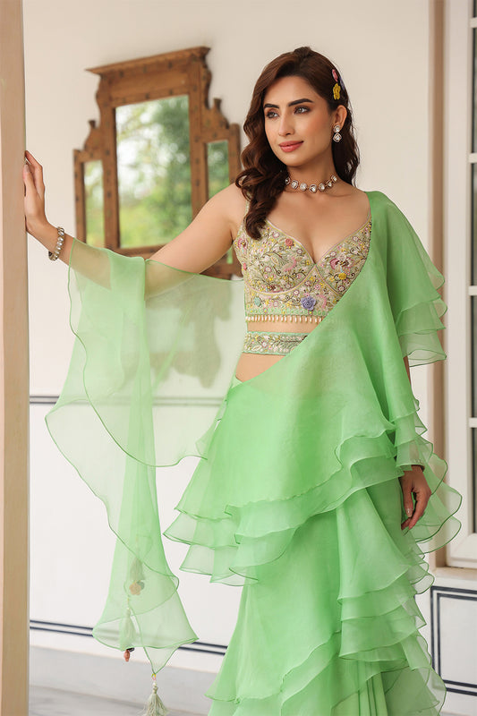 Gulzar Mint Green Ruffle Saree