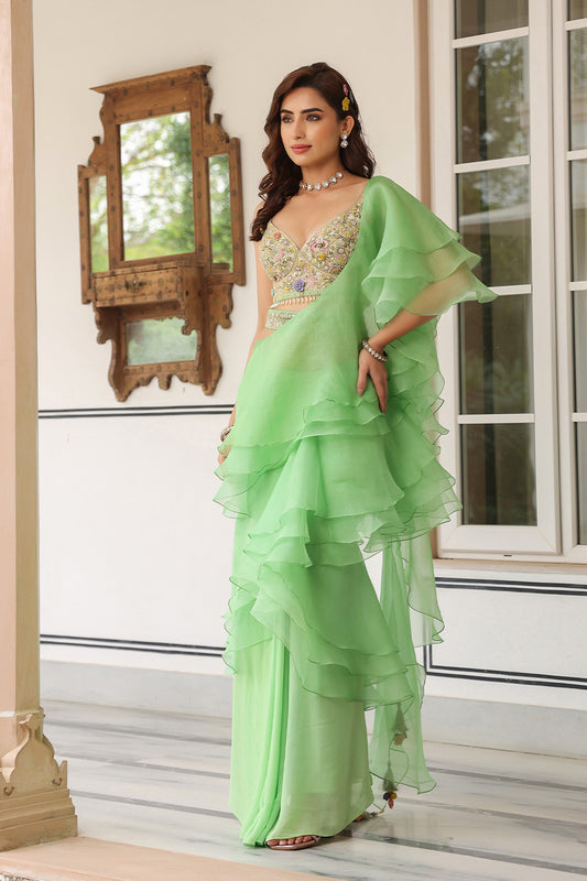 Gulzar Mint Green Ruffle Saree