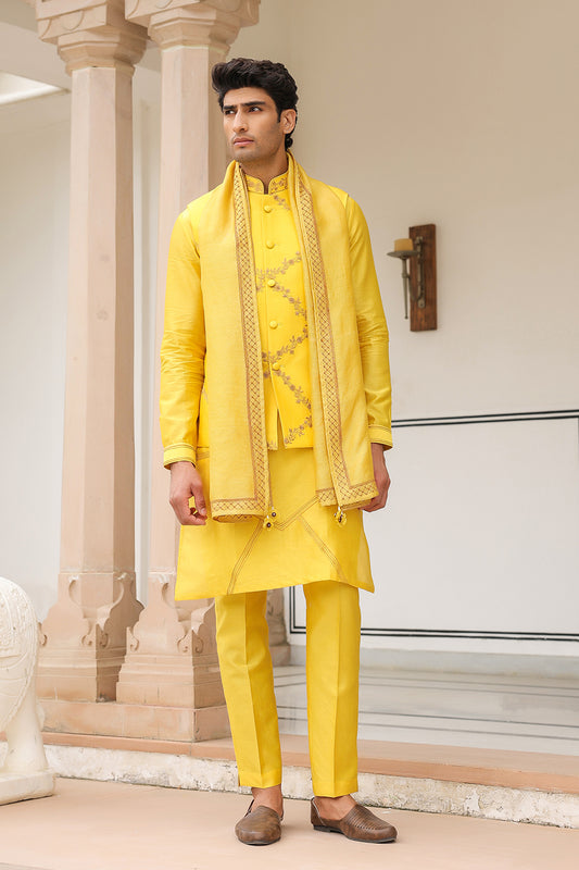 Gulzar Yellow Floral Geometric Bandi Kurta Set