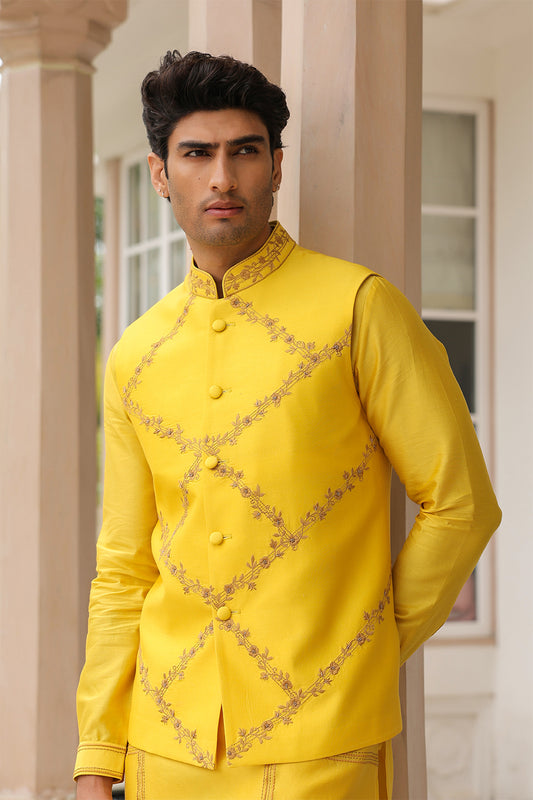 Gulzar Yellow Floral Geometric Bandi Kurta Set