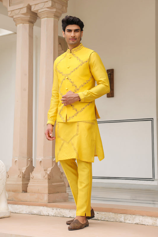 Gulzar Yellow Floral Geometric Bandi Kurta Set