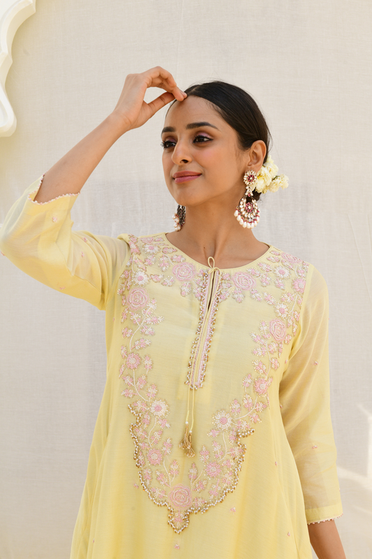 Lemon Yellow Roselyn Neck Embroidery Kurta Set