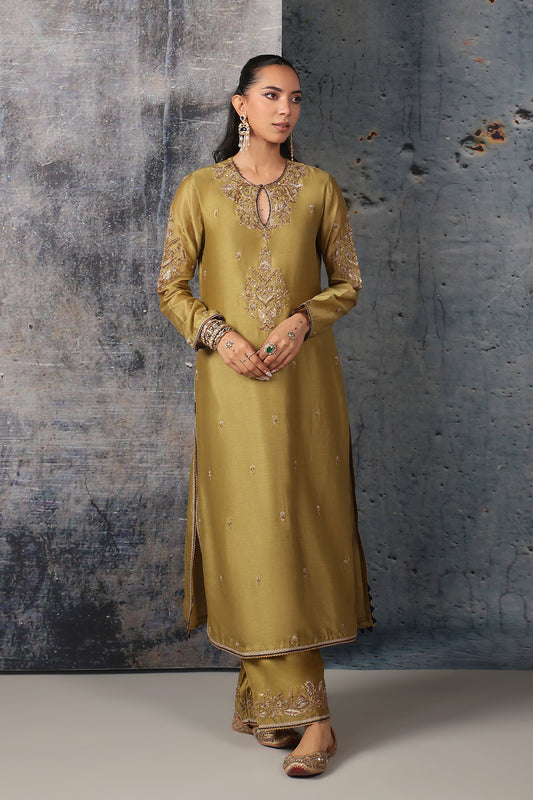 Mehrang Olive Green Straight Long Kurta Set