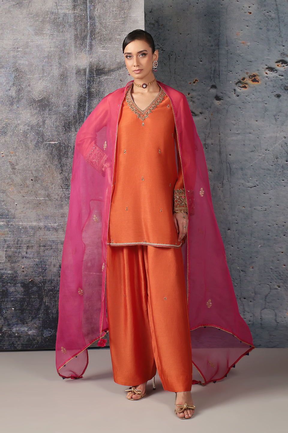 Mehrang Orange V Neck Short Kurta Set