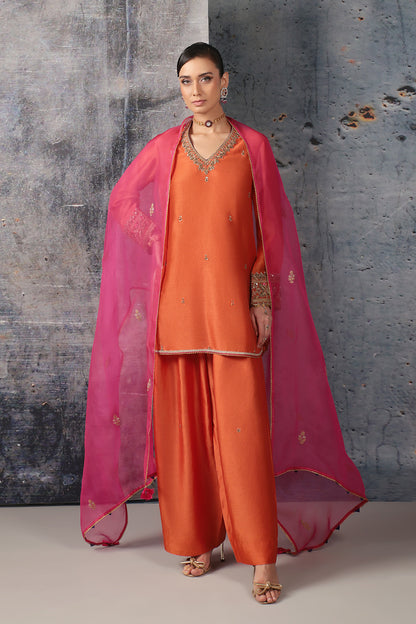 Mehrang Orange V Neck Short Kurta Set