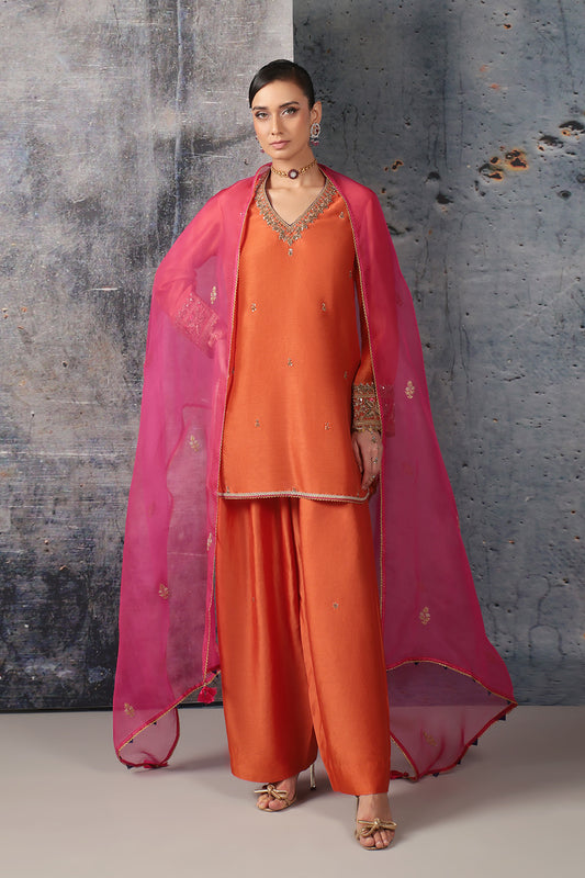 Mehrang Orange V Neck Short Kurta Set