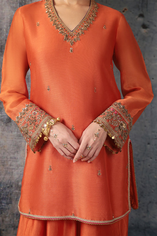 Mehrang Orange V Neck Short Kurta Set