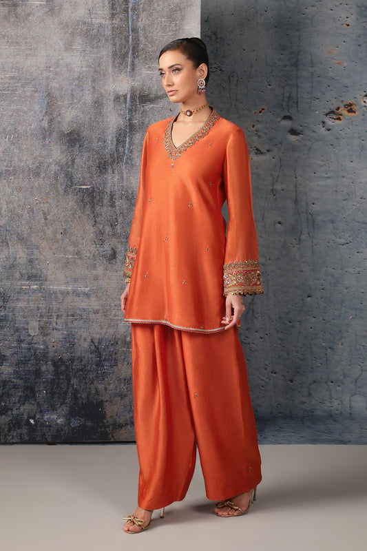 Mehrang Orange V Neck Short Kurta Set