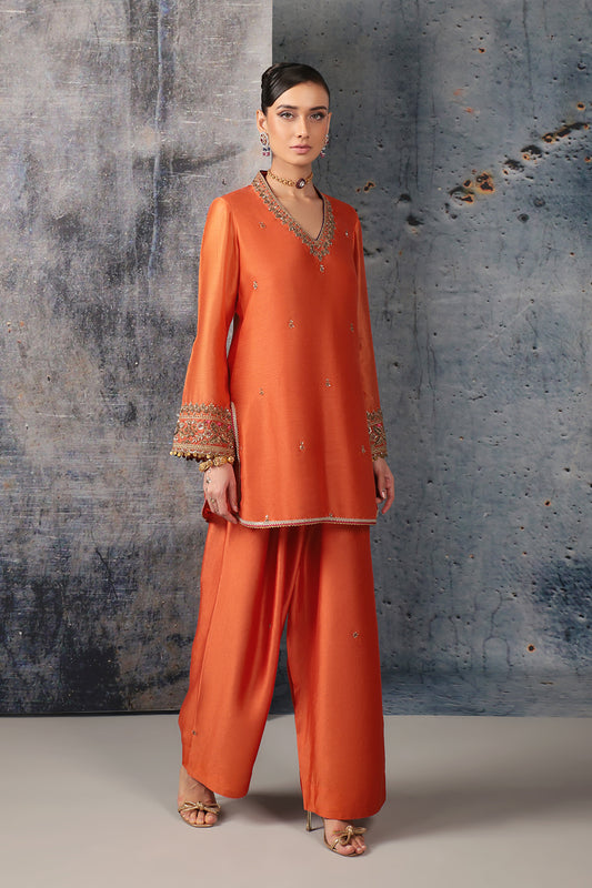 Mehrang Orange V Neck Short Kurta Set