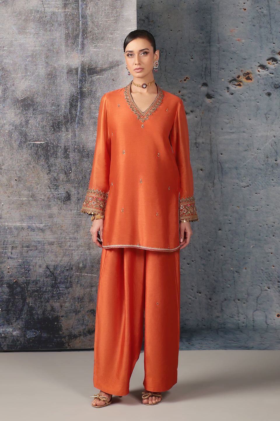 Mehrang Orange V Neck Short Kurta Set