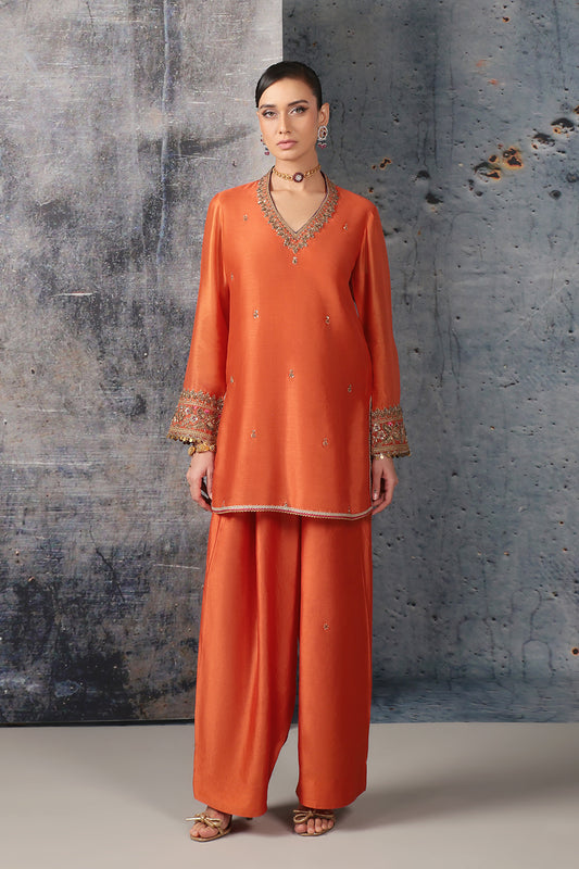 Mehrang Orange V Neck Short Kurta Set