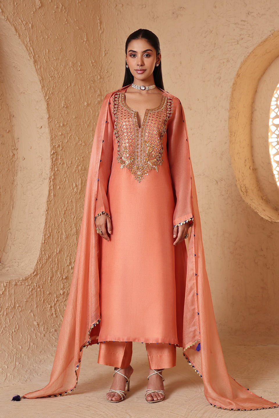 Mehrang Peach Heavy Neck Kurta Set