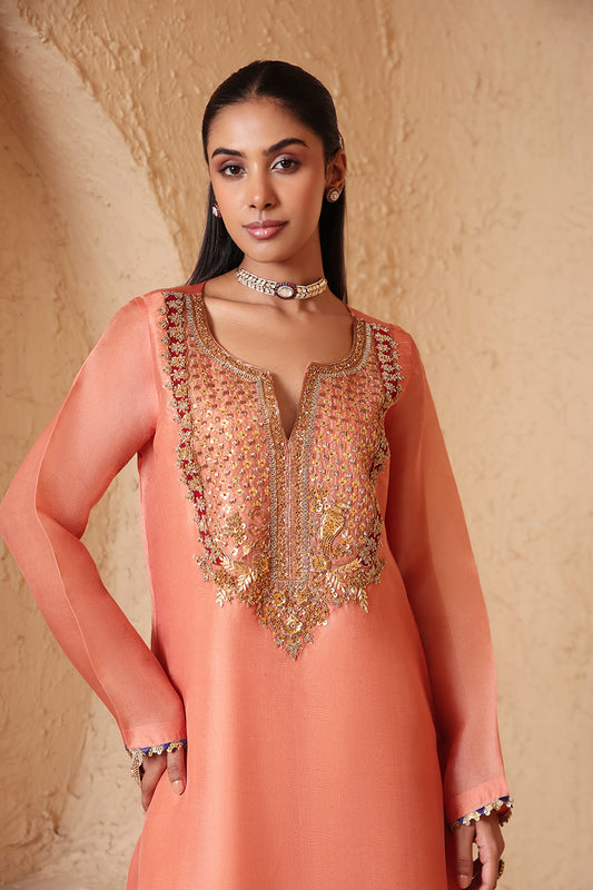 Mehrang Peach Heavy Neck Kurta Set