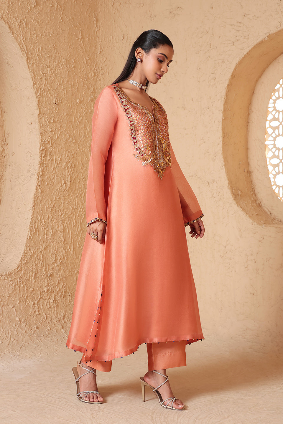 Mehrang Peach Heavy Neck Kurta Set