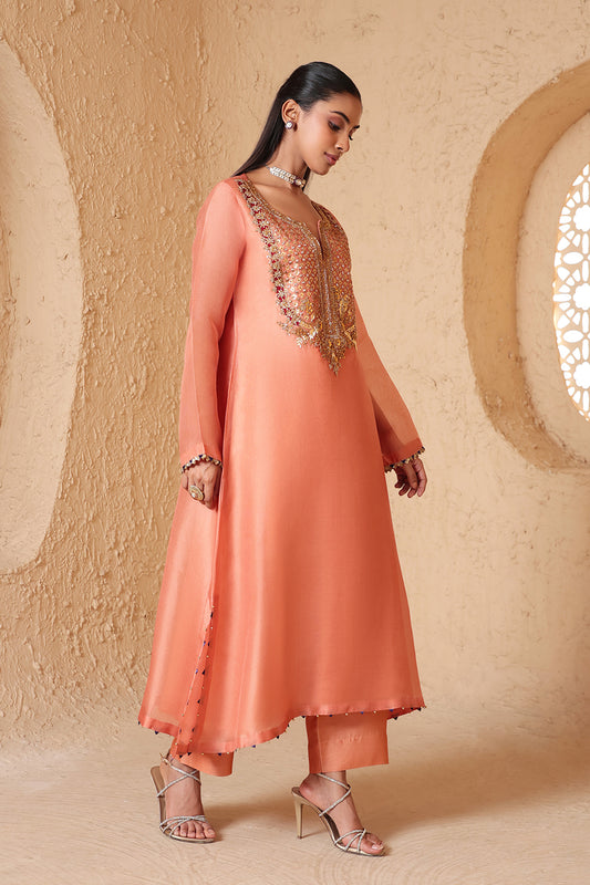 Mehrang Peach Heavy Neck Kurta Set