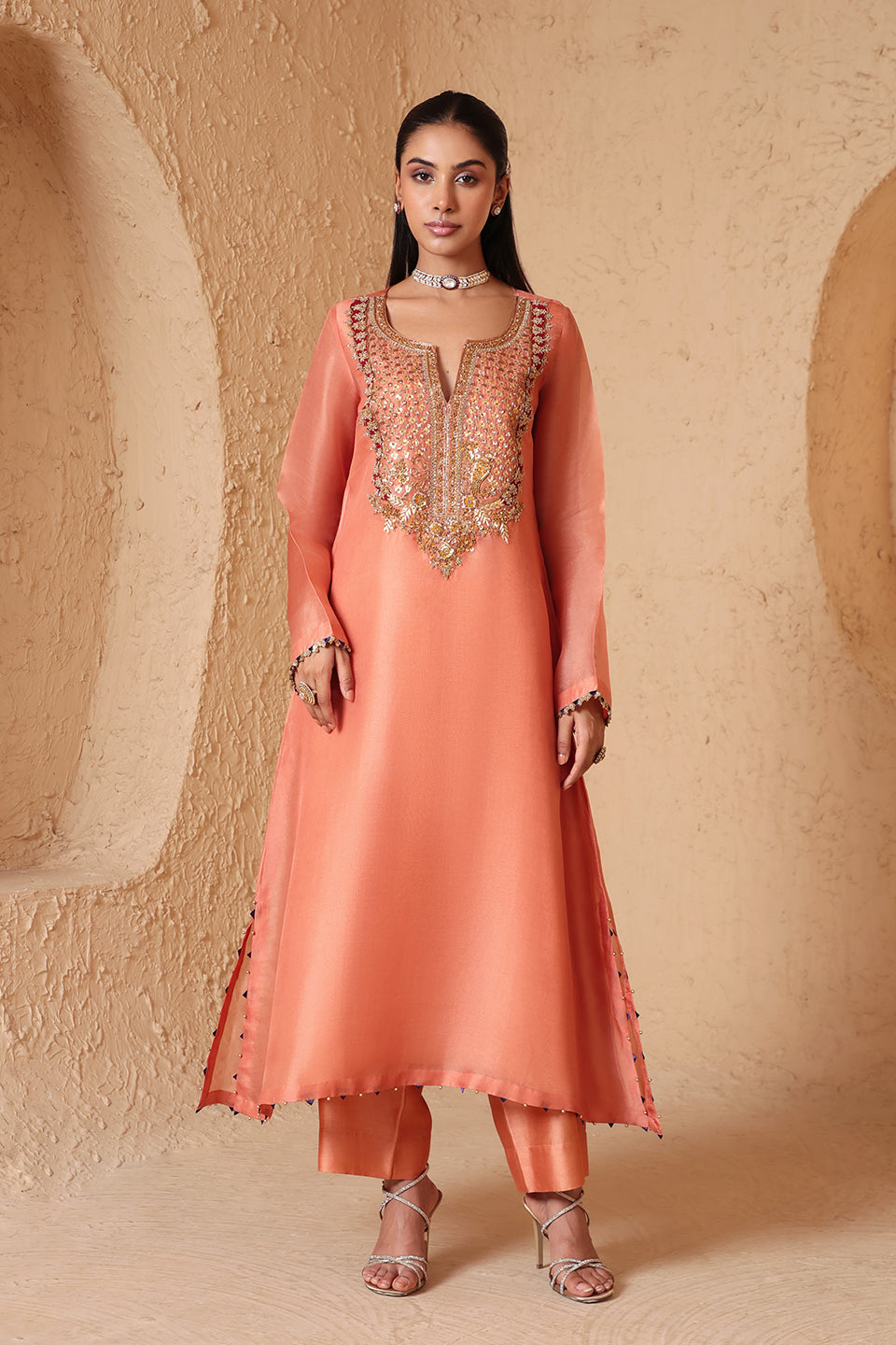Mehrang Peach Heavy Neck Kurta Set