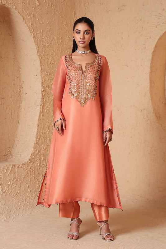 Mehrang Peach Heavy Neck Kurta Set