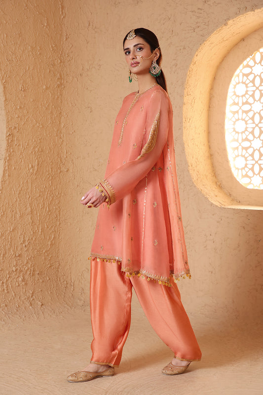 Mehrang Peach Short Pheran Kurta Set