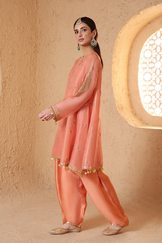 Mehrang Peach Short Pheran Kurta Set