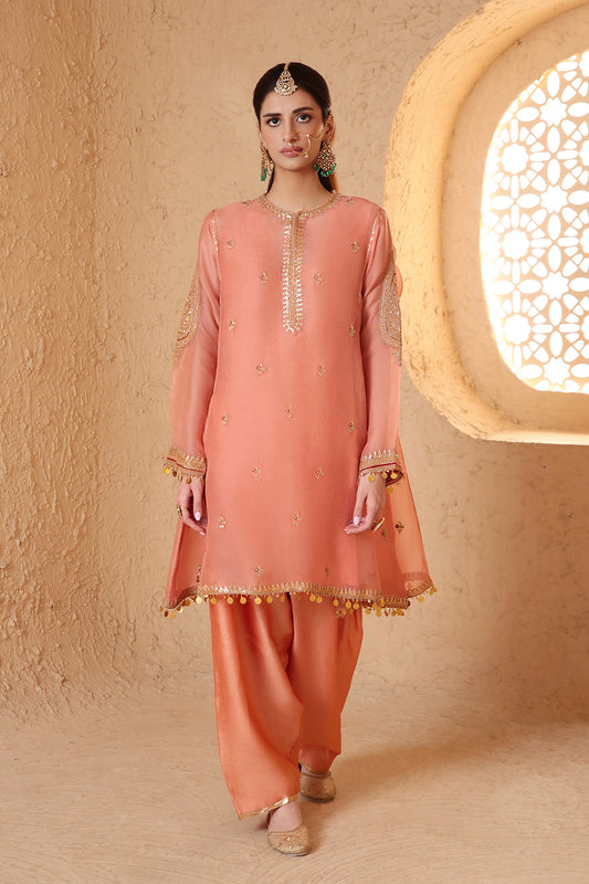 Mehrang Peach Short Pheran Kurta Set