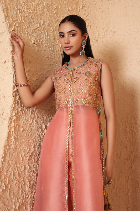 Mehrang Peach Tie-up Sleeveless Kurta Set