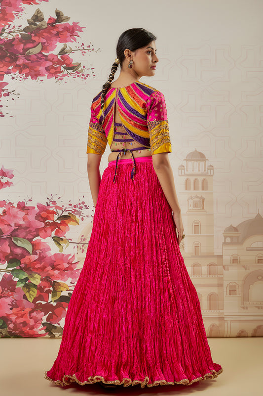 Multi Color Bird Embroidered Crushed Lehenga