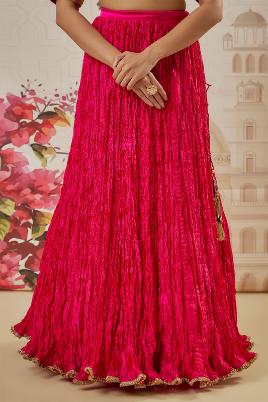 Multi Color Bird Embroidered Crushed Lehenga