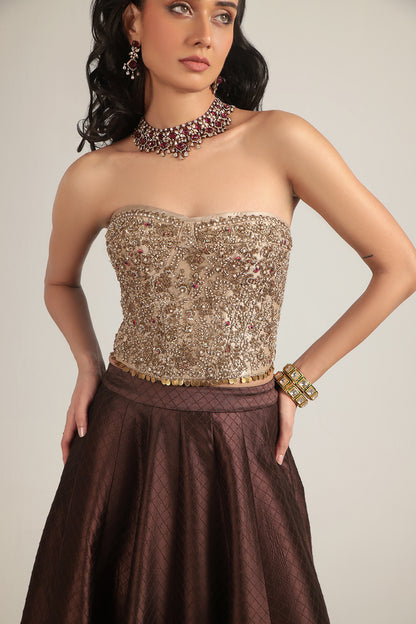 Zar:Rang Brown Corset Quilted Lehenga Set