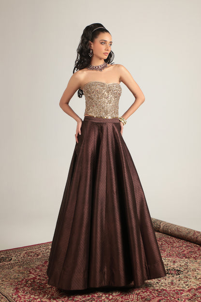 Zar:Rang Brown Corset Quilted Lehenga Set