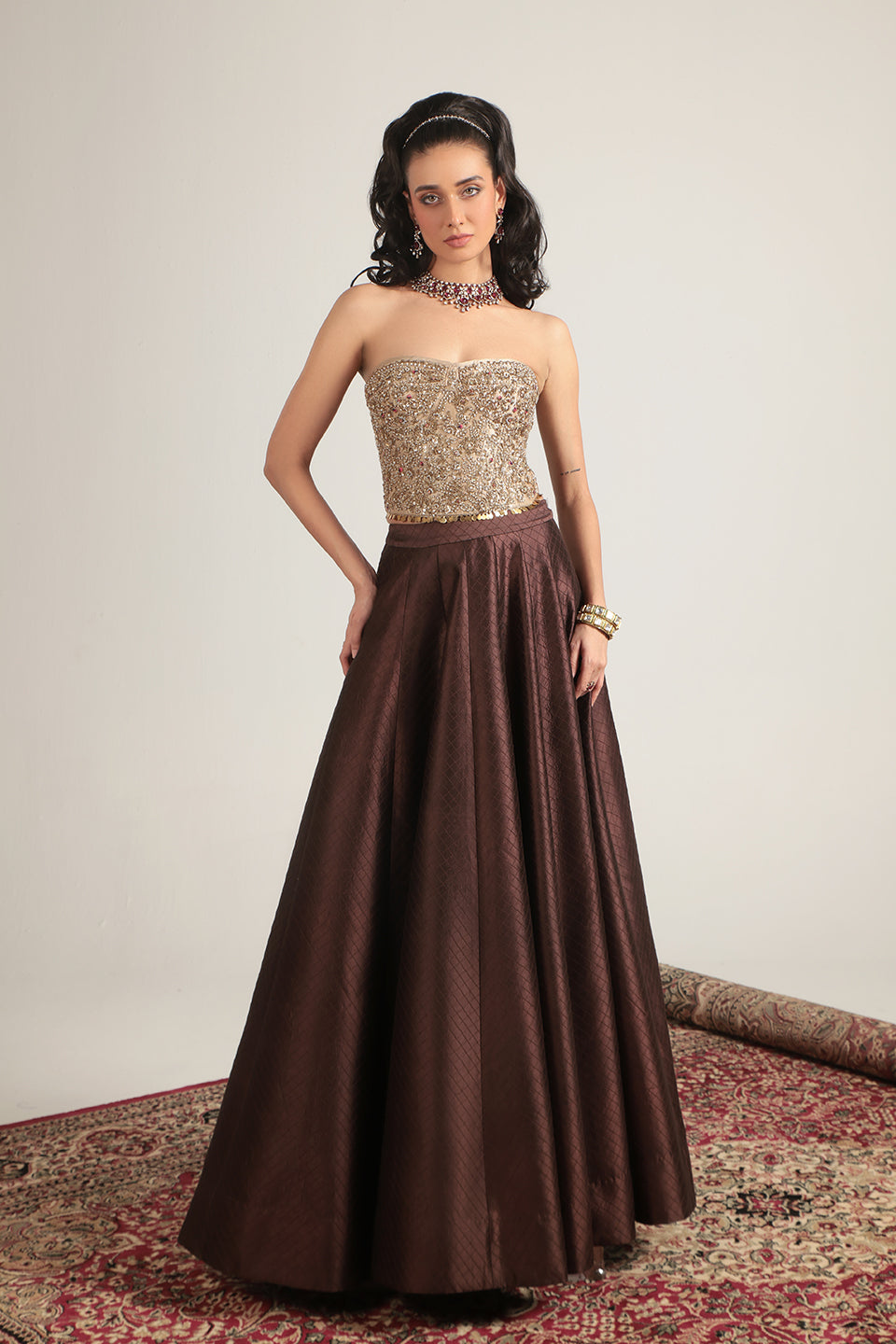Zar:Rang Brown Corset Quilted Lehenga Set