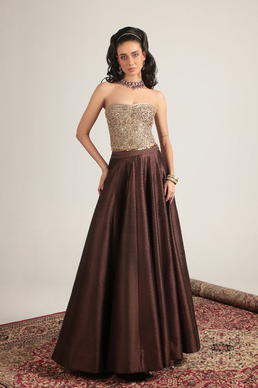 Zar:Rang Brown Corset Quilted Lehenga Set