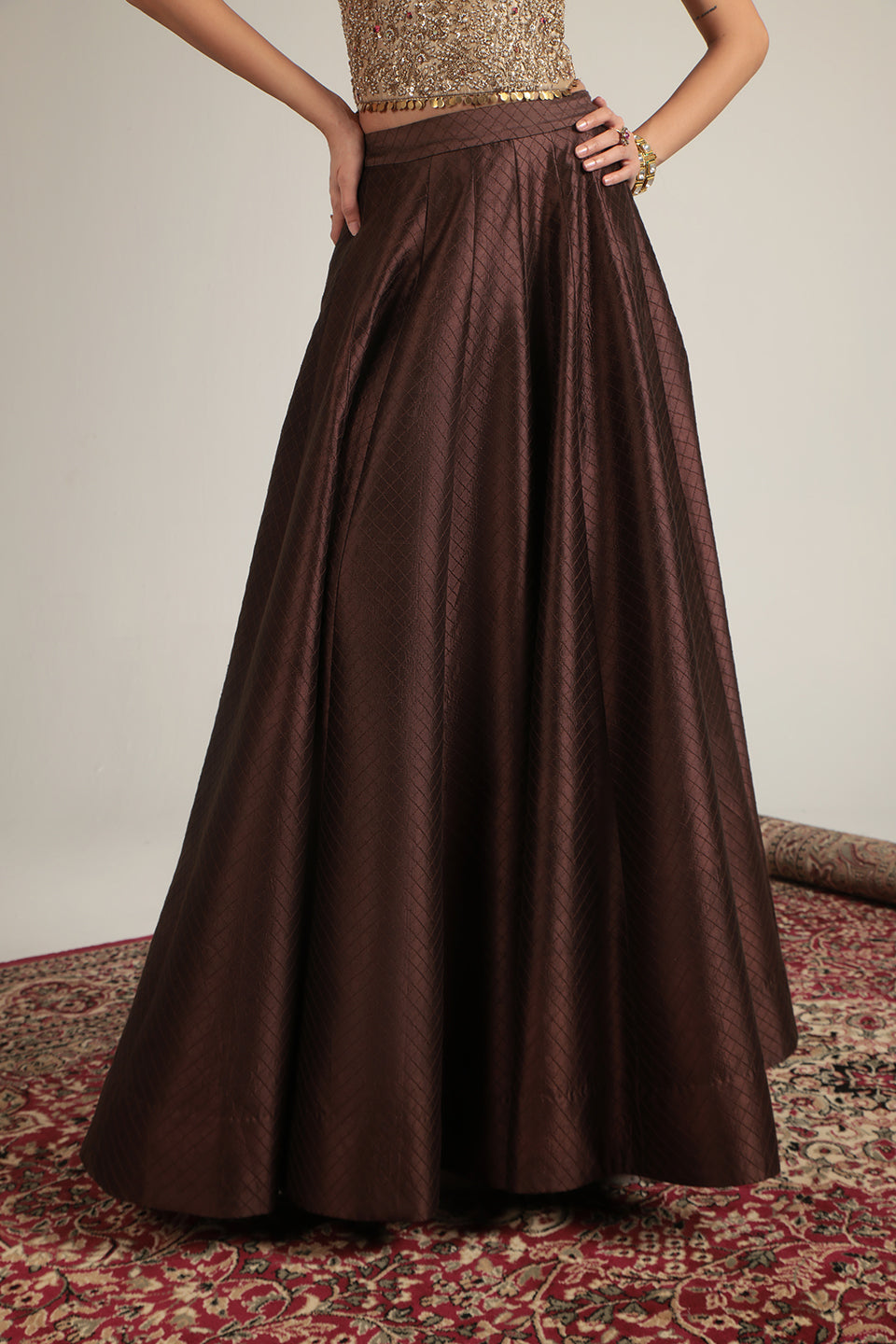 Zar:Rang Brown Corset Quilted Lehenga Set